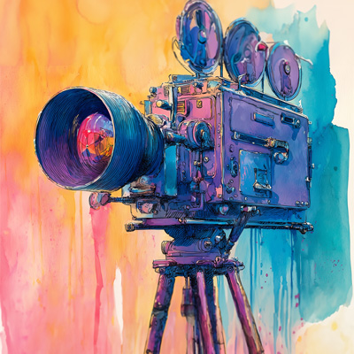 This image is an AI-generated watercolor illustration of a vintage movie camera. 