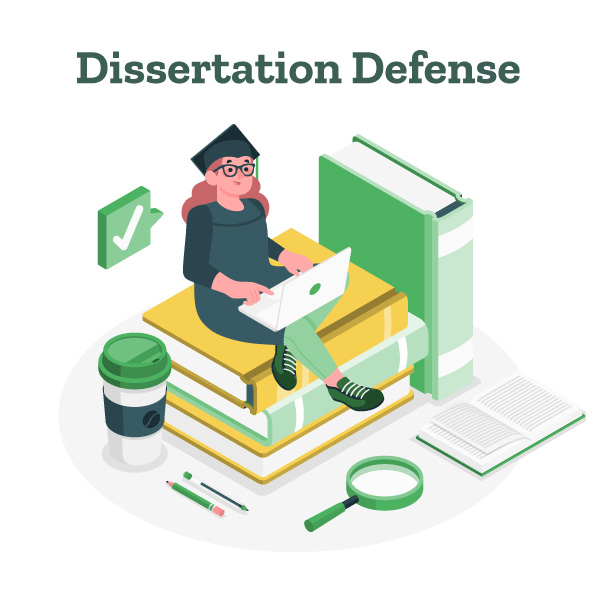 This image is a concept illustration representing a dissertation defense.  It features a student in a graduation cap sitting on a stack of books and working on a laptop.