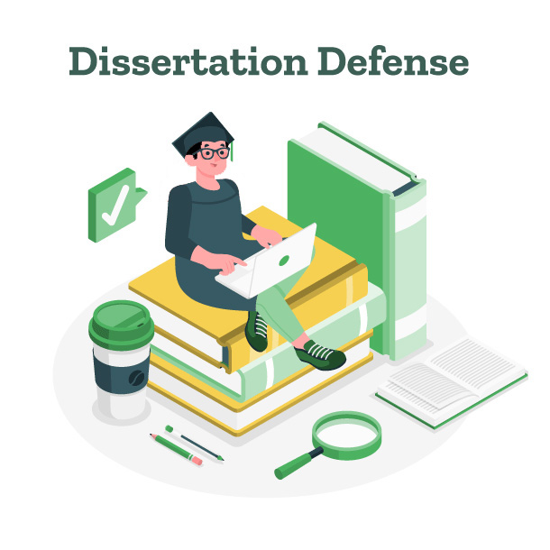 This image is a concept illustration representing a dissertation defense. It features a student in a graduation cap sitting on a stack of books and working on a laptop.