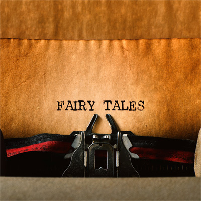A typewriter with the words "FAIRY TALES" typed onto light brown paper